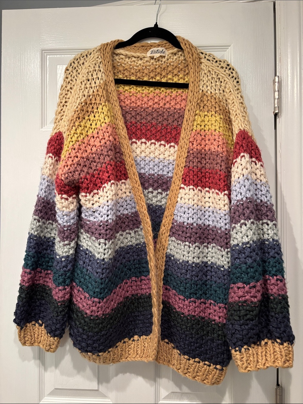Listicle Multicolor Striped Crochet Cardigan - Cream, Gold, Red, Blue, Purple
